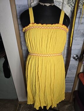 Vtg 70's Retro Bright Yellow Smocked Mini Dress Beach Loungewear Festival